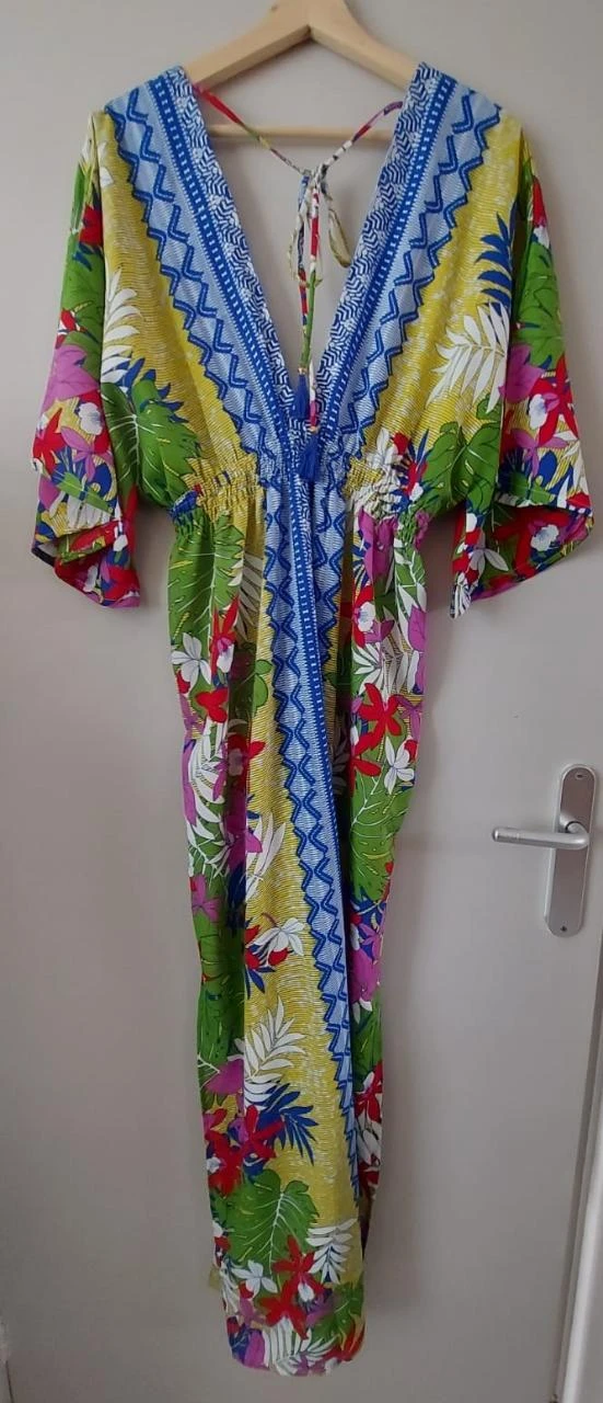 Vestido caftano colorido con estampado tropical, talla 42 – photo 3